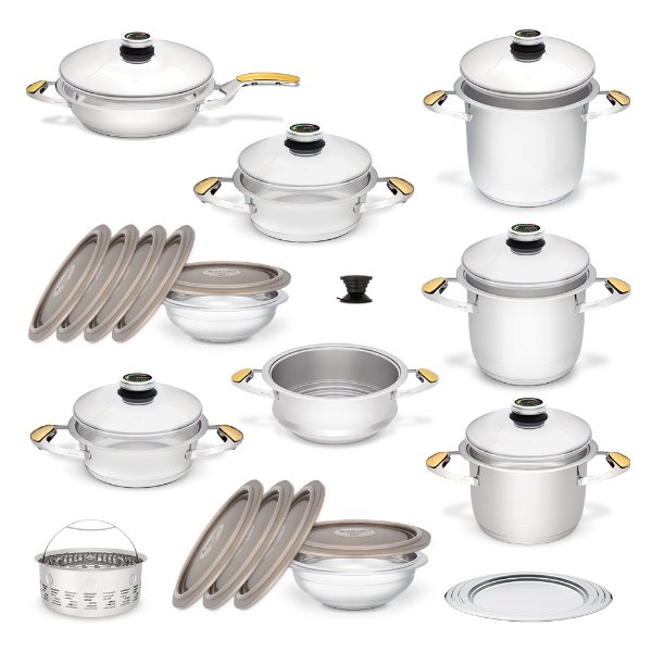 Grande cookware set - pots for cooking without fat and water and in the pyramid system