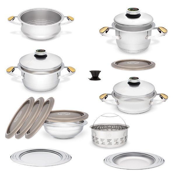 Business cookware set - pots for cooking without fat and water and in the pyramid system