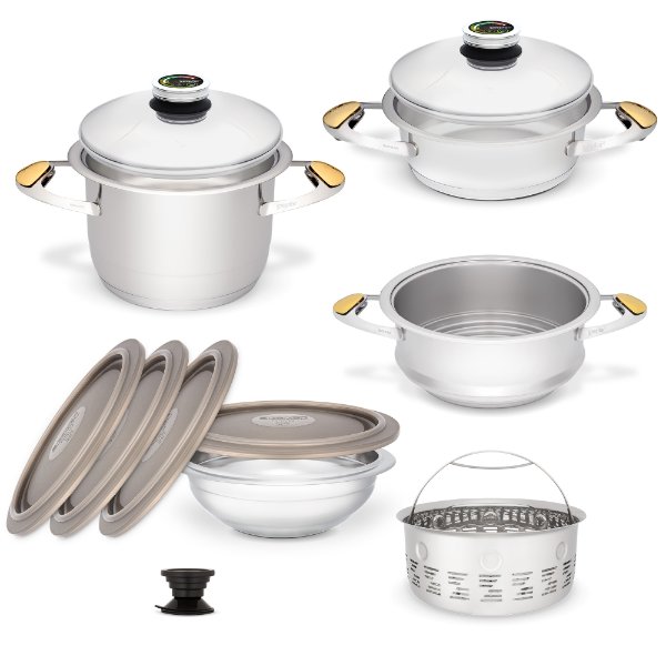 Junior cookware set - pots for cooking without fat and water and in the pyramid stacking system