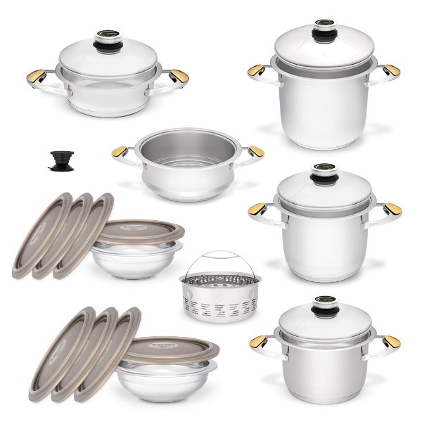 Universal cookware set - pots for cooking without fat and water and in the pyramid system