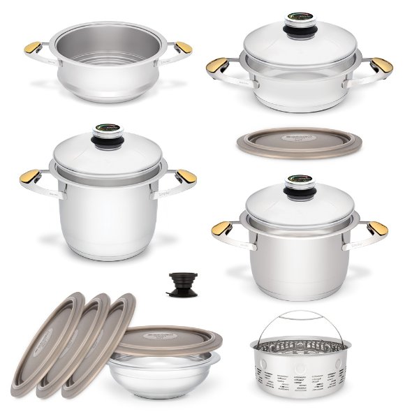 Standard cookware set - pots for cooking without fat and water and in the pyramid system